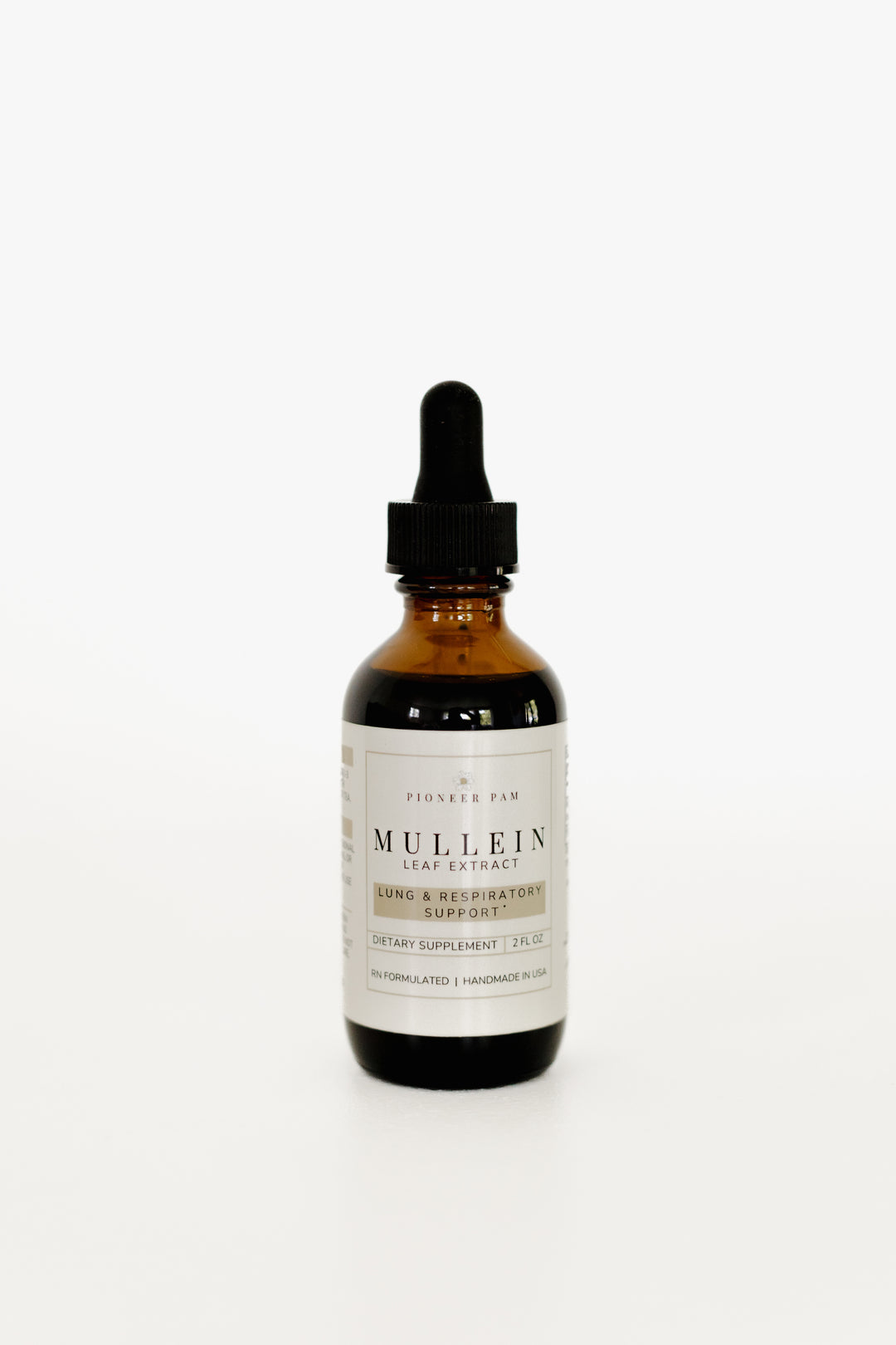 Amber glass dropper bottle of Pioneer Pam Mullein Tincture for respiratory support, on a white background