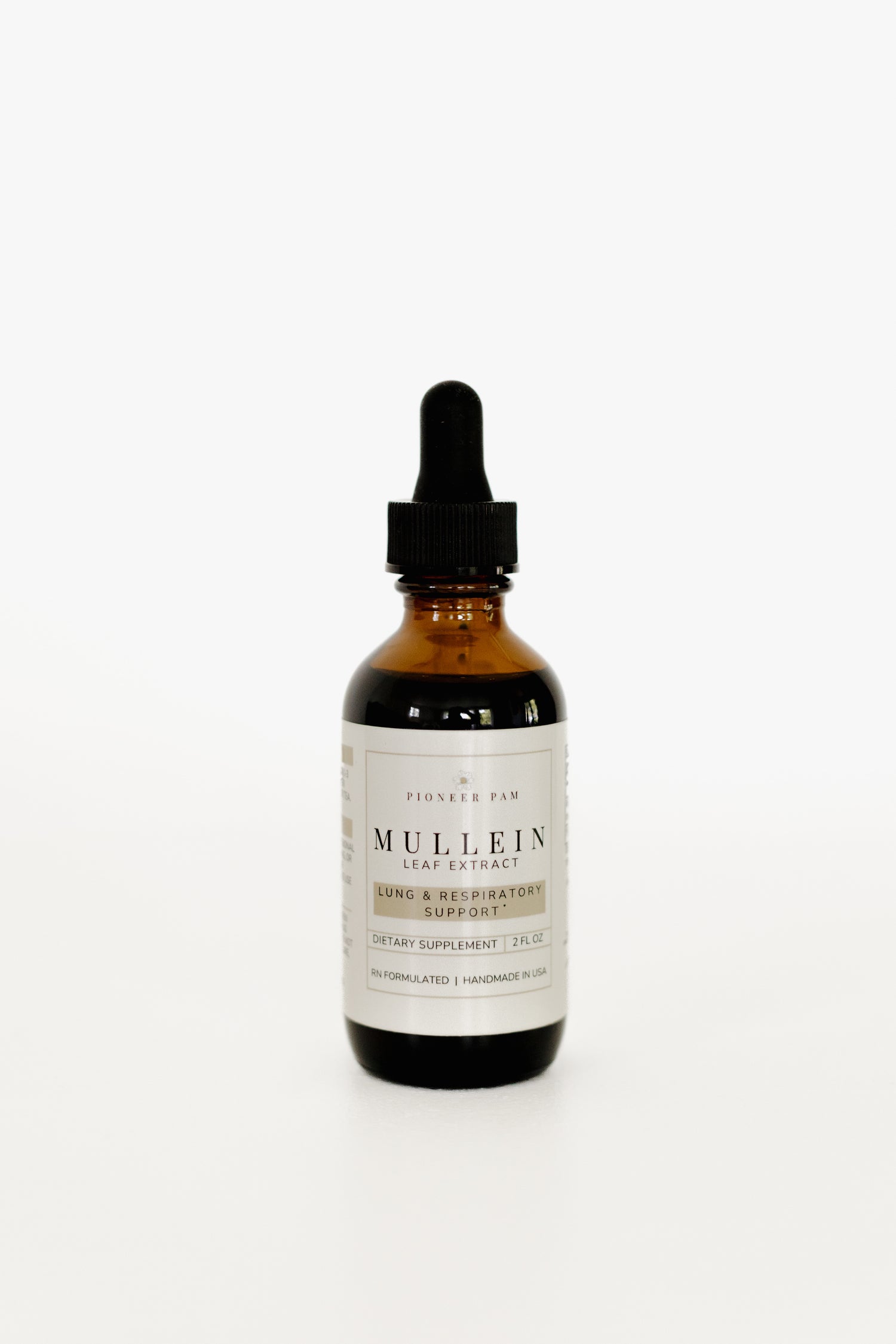 Amber glass dropper bottle of Pioneer Pam Mullein Tincture for respiratory support, on a white background