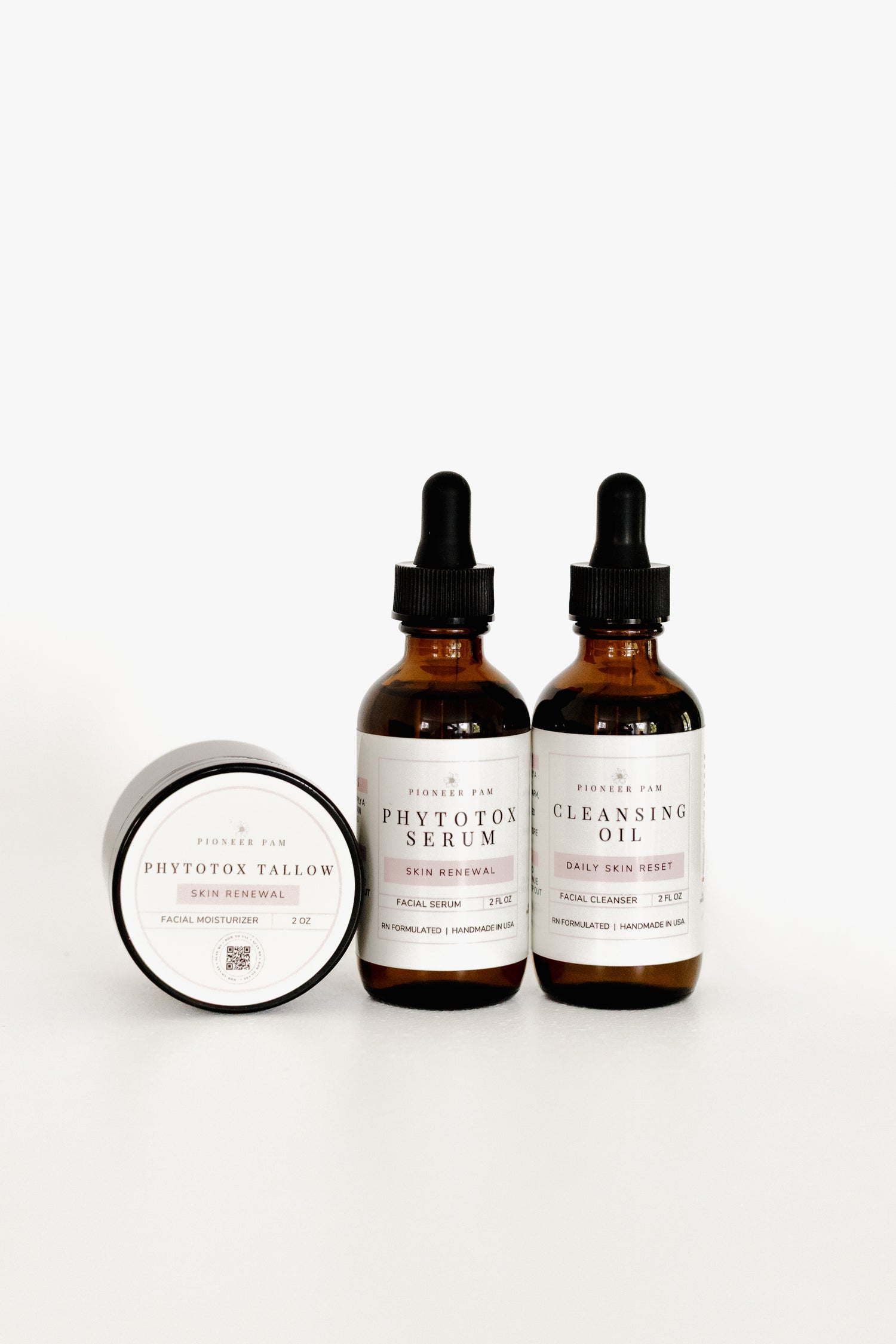 Phytotox Tallow, Phytotox Serum, and Cleansing Oil bottles from the Skin Care Bundle
