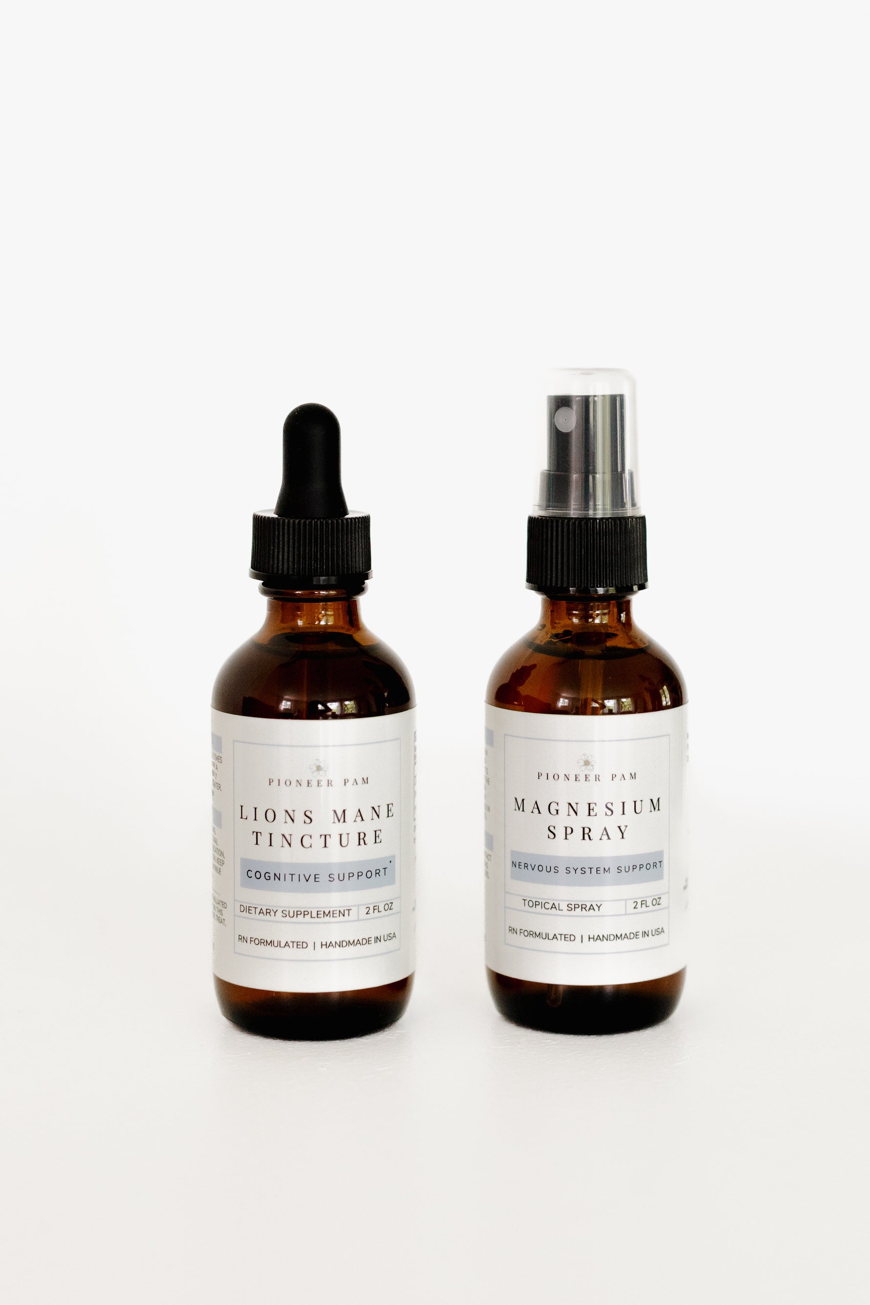 Pioneer Pam Lion's Mane Tincture and Magnesium Oil Spray bottles side by side, Brain Power Combo