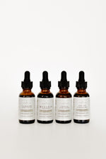Four amber glass dropper bottles of Pioneer Pam Yarrow, Mullein, Usnea, and Oil of Oregano herbal tinctures on a white background.