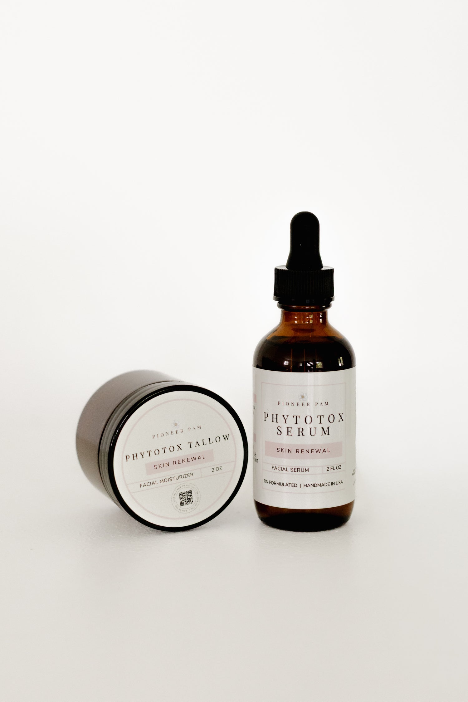 Phytotox Tallow jar and Phytotox Serum bottle side by side, the Pioneer Pam anti-aging skincare bundle