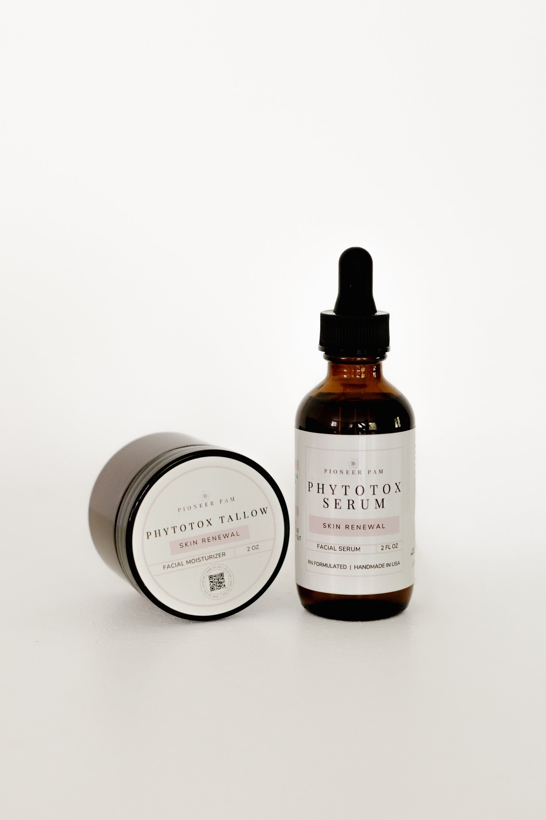 Phytotox Tallow jar and Phytotox Serum bottle side by side, the Pioneer Pam anti-aging skincare bundle