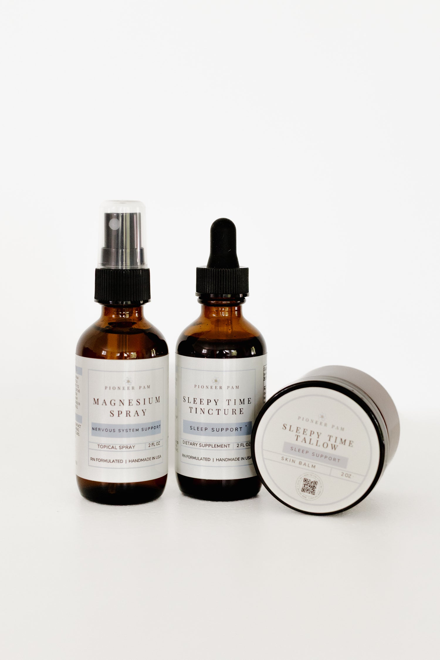 Pioneer Pam Sleepy Time Combo: Sleepy Time Tincture, Sleepy Time Tallow, and Magnesium Oil Spray bottles together
